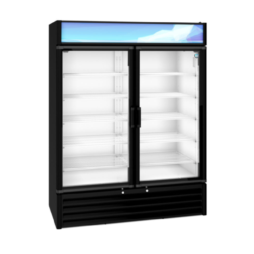 Hoshizaki RM-49-HC-BLK 60 Inch Two-section Refrigerated Merchandiser 42.61 cu ft with glass hinged doors and adjustable shelves