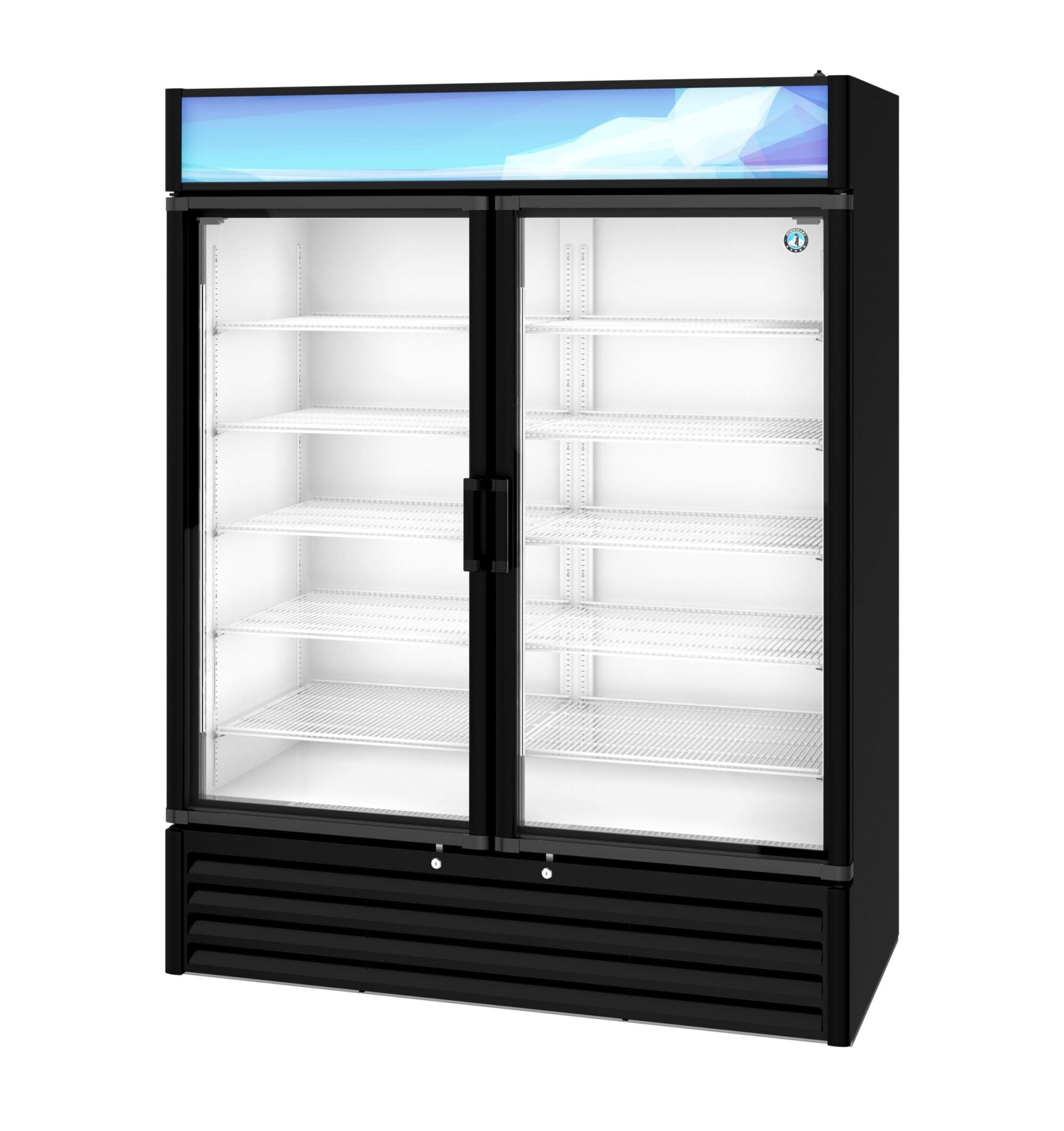 Hoshizaki RM-49-HC-BLK 60 Inch Two-section Refrigerated Merchandiser 42.61 cu ft with glass hinged doors and adjustable shelves