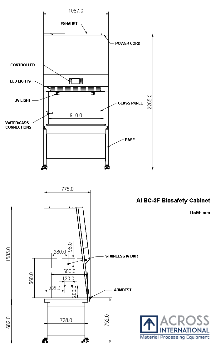 Across International BC-3F.110 NSF Certified 3 Ft Class II Type A2 Biosafety Cabinet