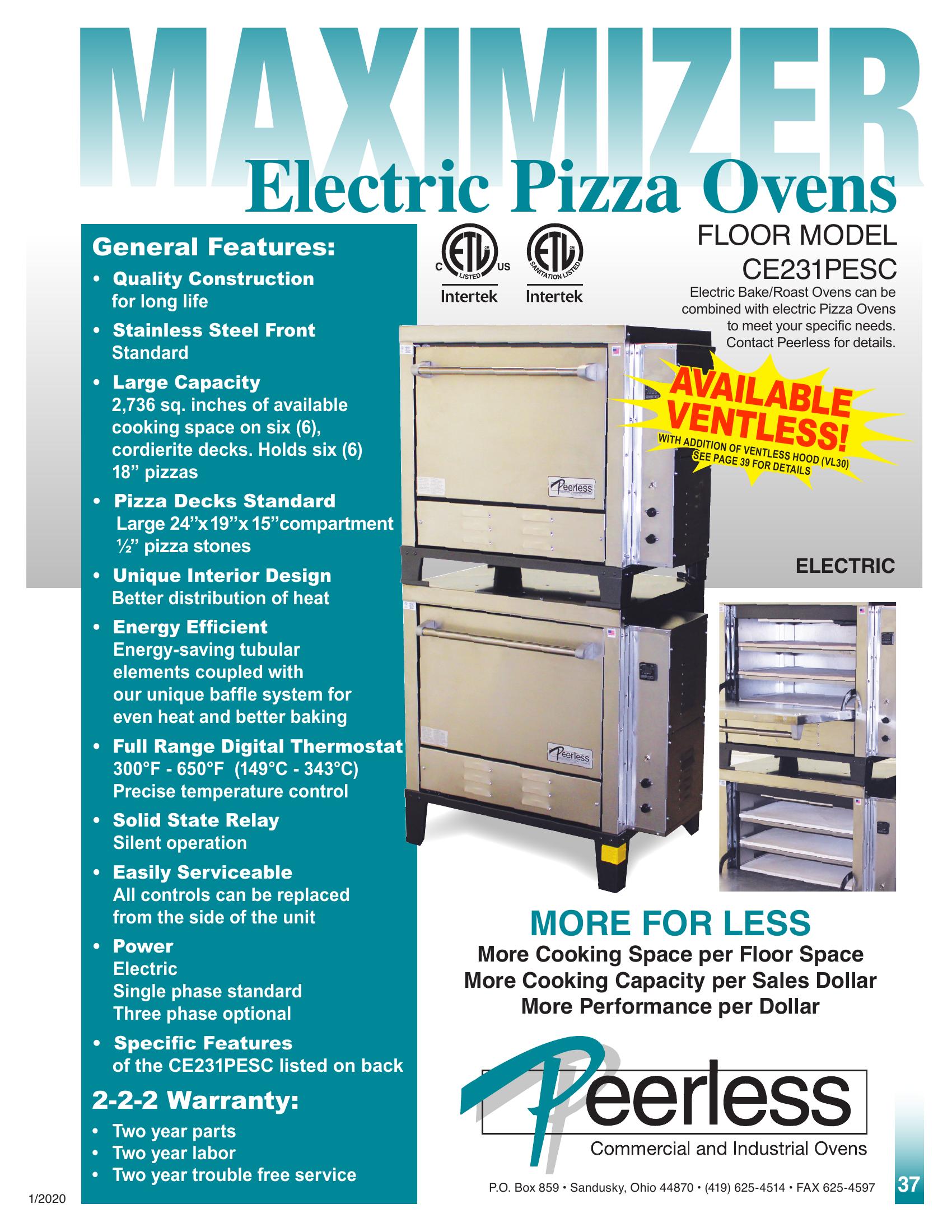 Peerless CE231PESC 35 Inch Electric Pizza Oven Double-stacked with 2 Burners