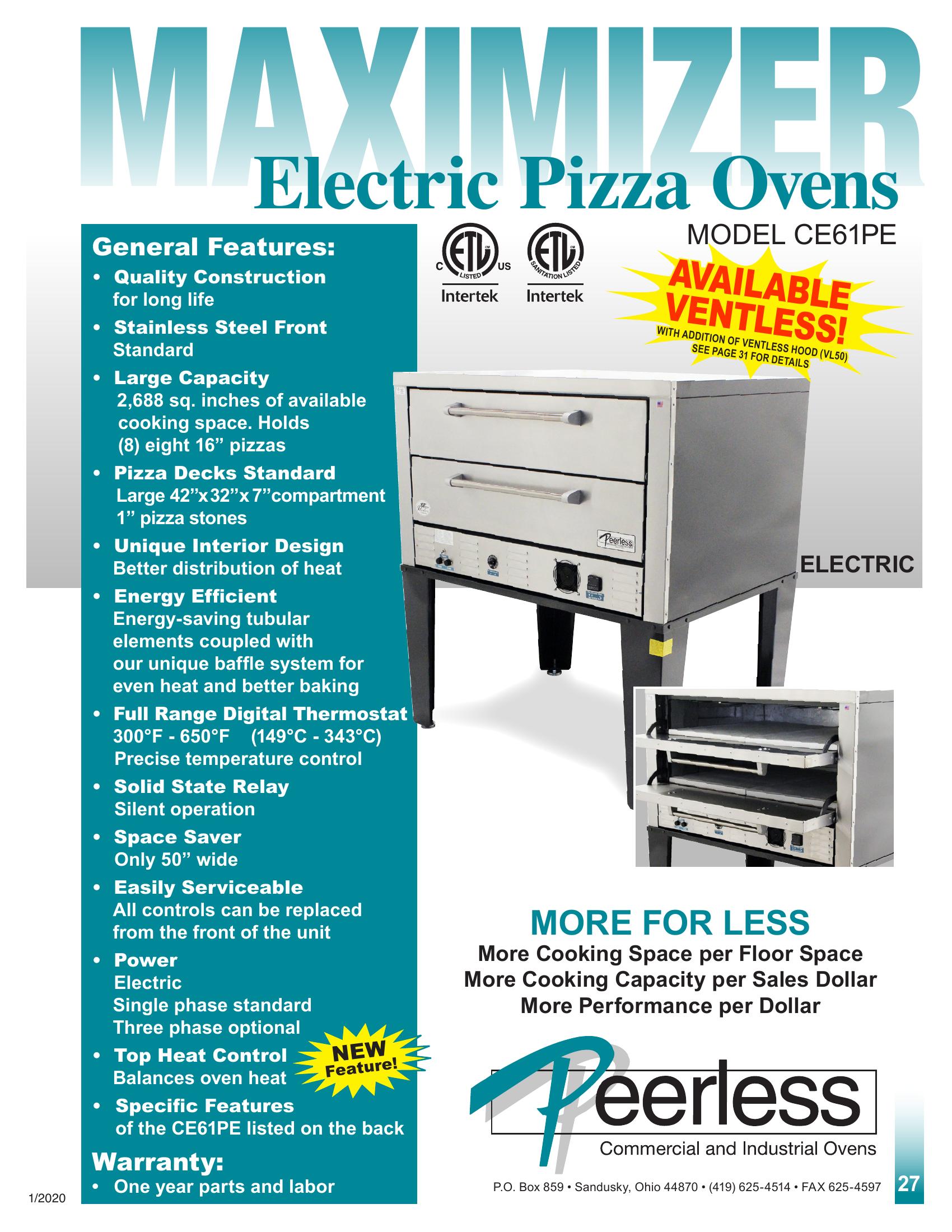 Peerless CE61PE 50 Inch Electric Pizza Oven Deck-Type with Tubular Elements