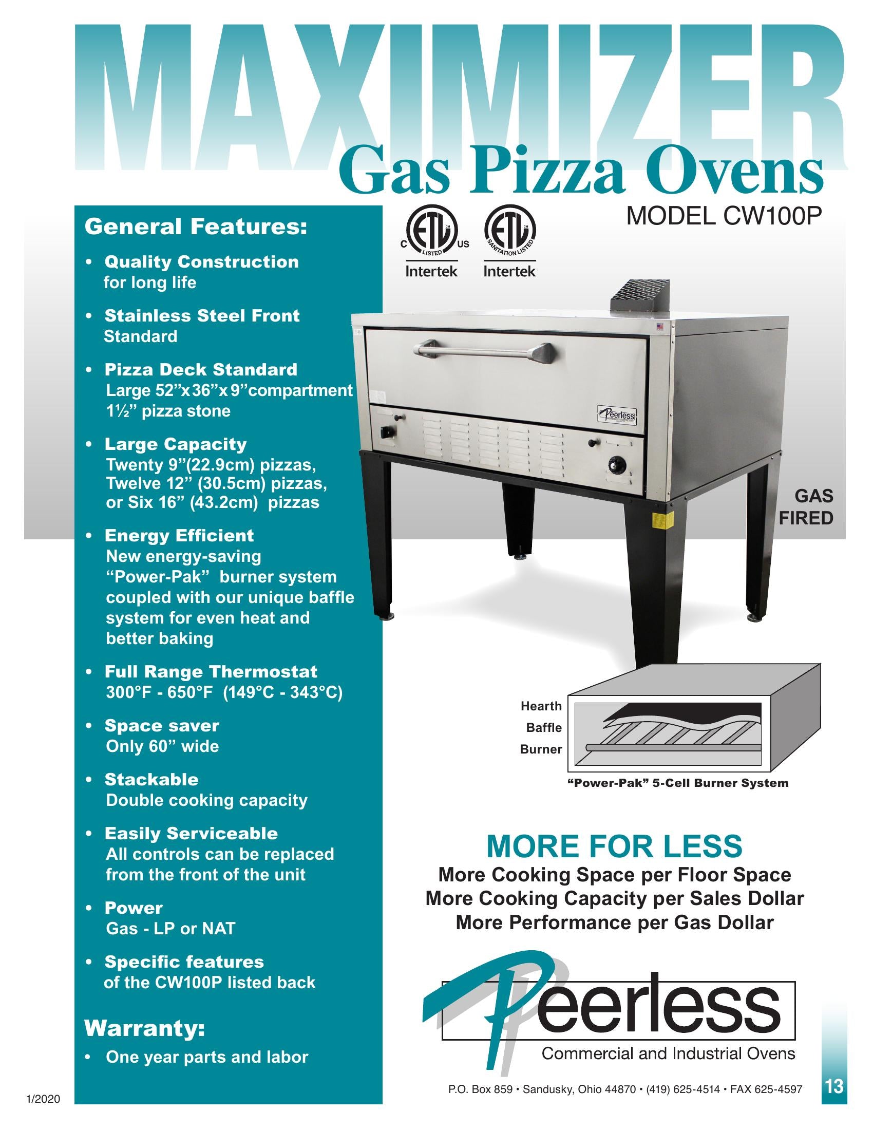 Peerless CW100P 52 Inch Pizza Oven Deck Type Gas 100000 BTU