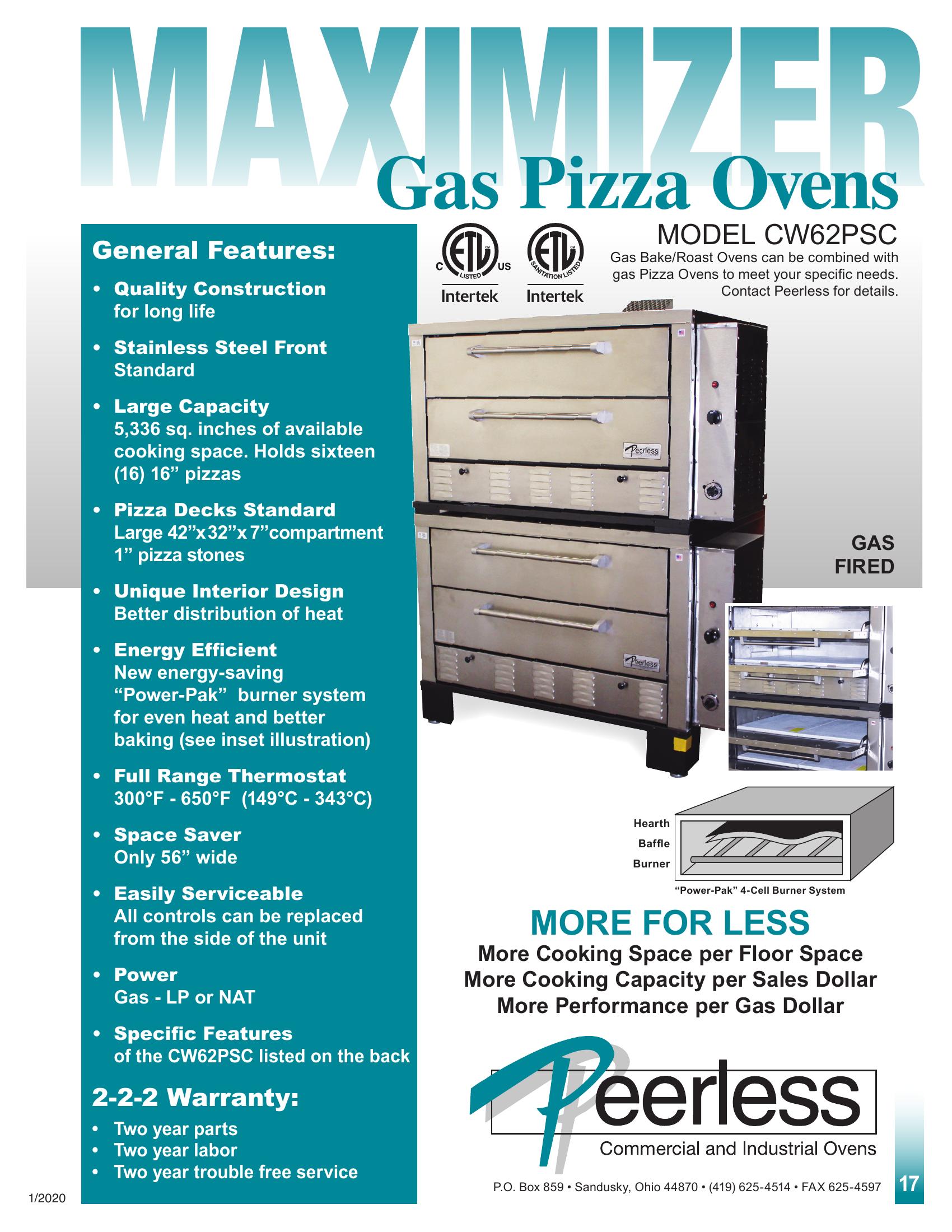Peerless CW62PSC 42 Inch Gas Pizza Oven Deck-Type Double Stacked 2 60000 BTU