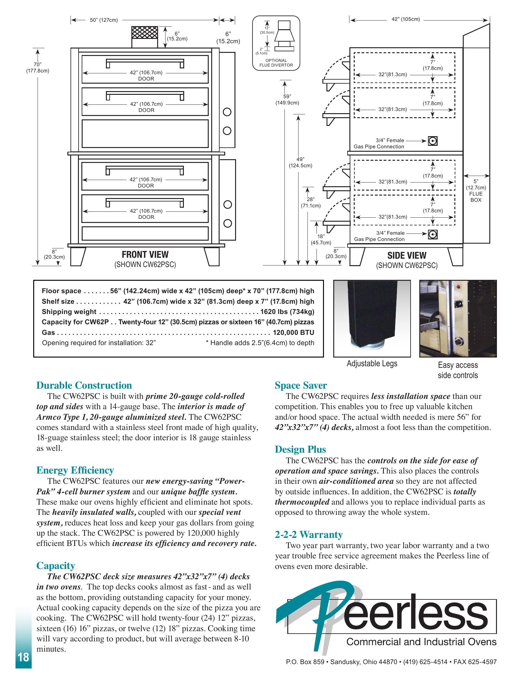 Peerless CW62PSC 42 Inch Gas Pizza Oven Deck-Type Double Stacked 2 60000 BTU