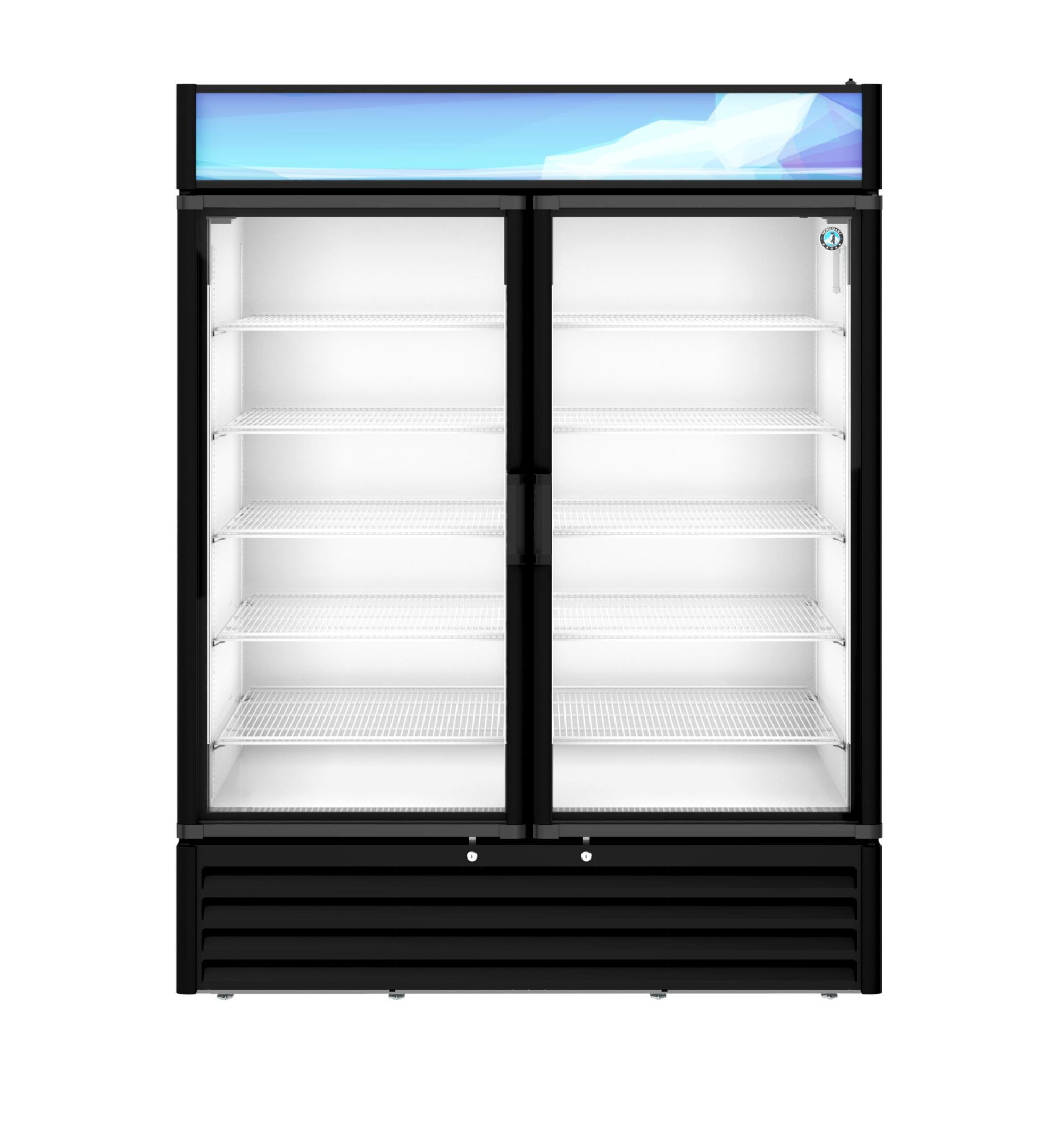 Hoshizaki RM-49-HC-BLK 60 Inch Two-section Refrigerated Merchandiser 42.61 cu ft with glass hinged doors and adjustable shelves