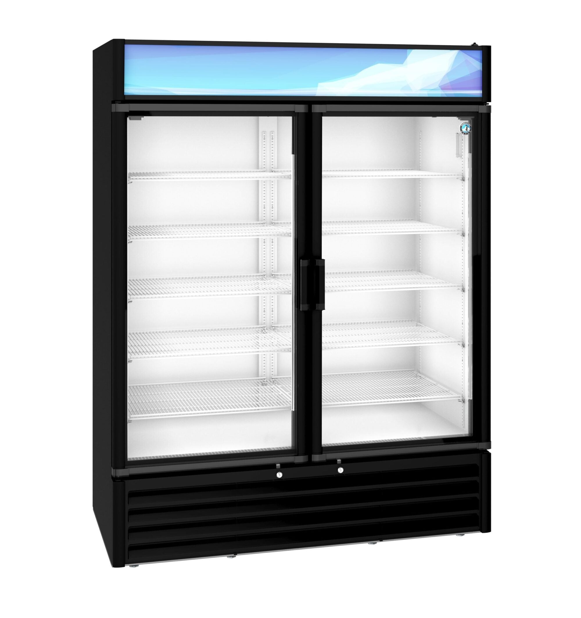Hoshizaki RM-49-HC-BLK 60 Inch Two-section Refrigerated Merchandiser 42.61 cu ft with glass hinged doors and adjustable shelves