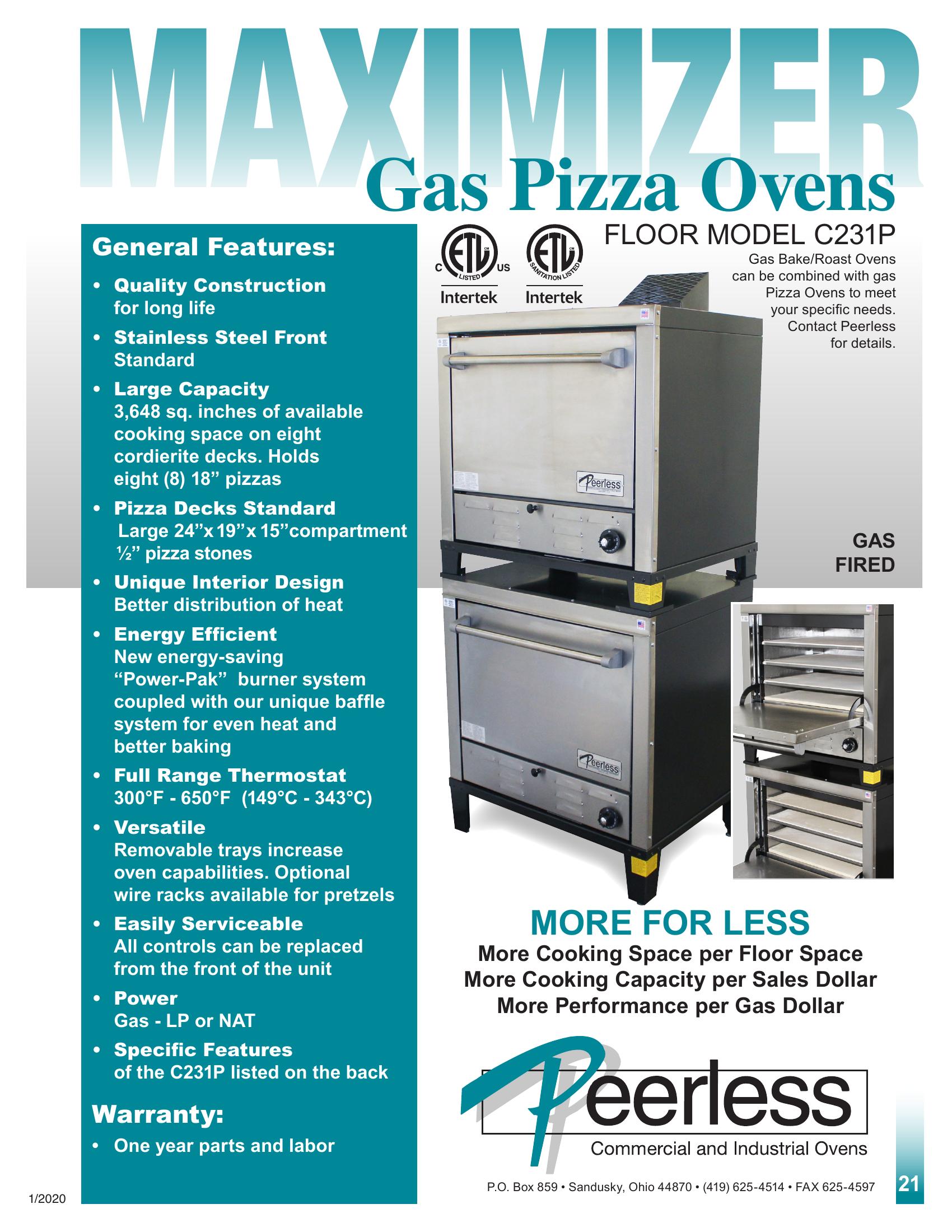 Peerless C231P 30 Inch Gas Pizza Oven Double-stacked 2 Burner 30000 BTU
