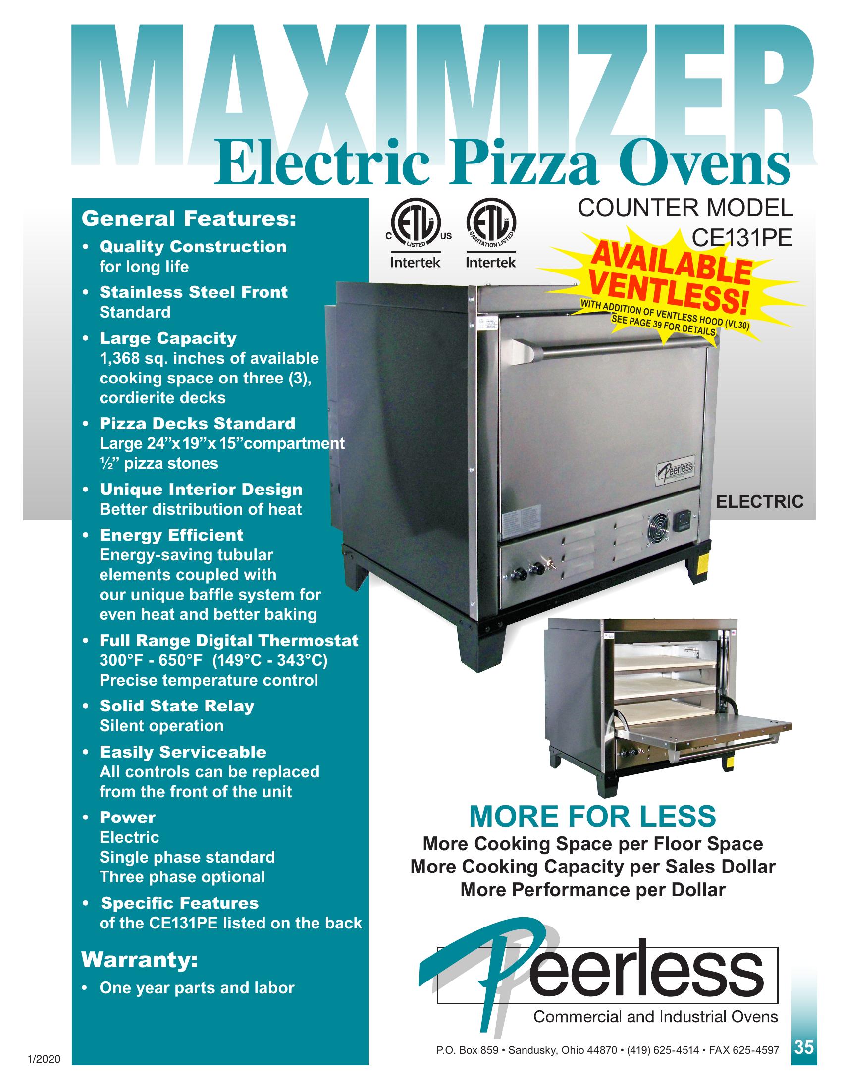 Peerless Ovens CE131PE 30 Inch Electric Pizza Oven Countertop with Digital Controls