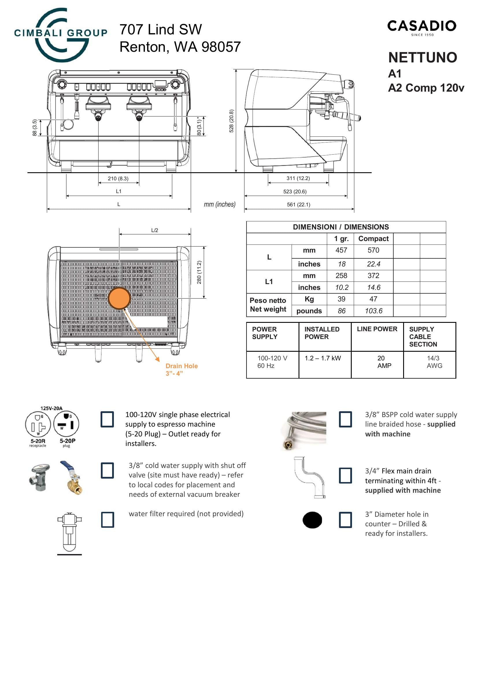 Casadio Nettuno A2-Group Espresso Machine 2-group, Compact, 120v UZ210HBBF999A