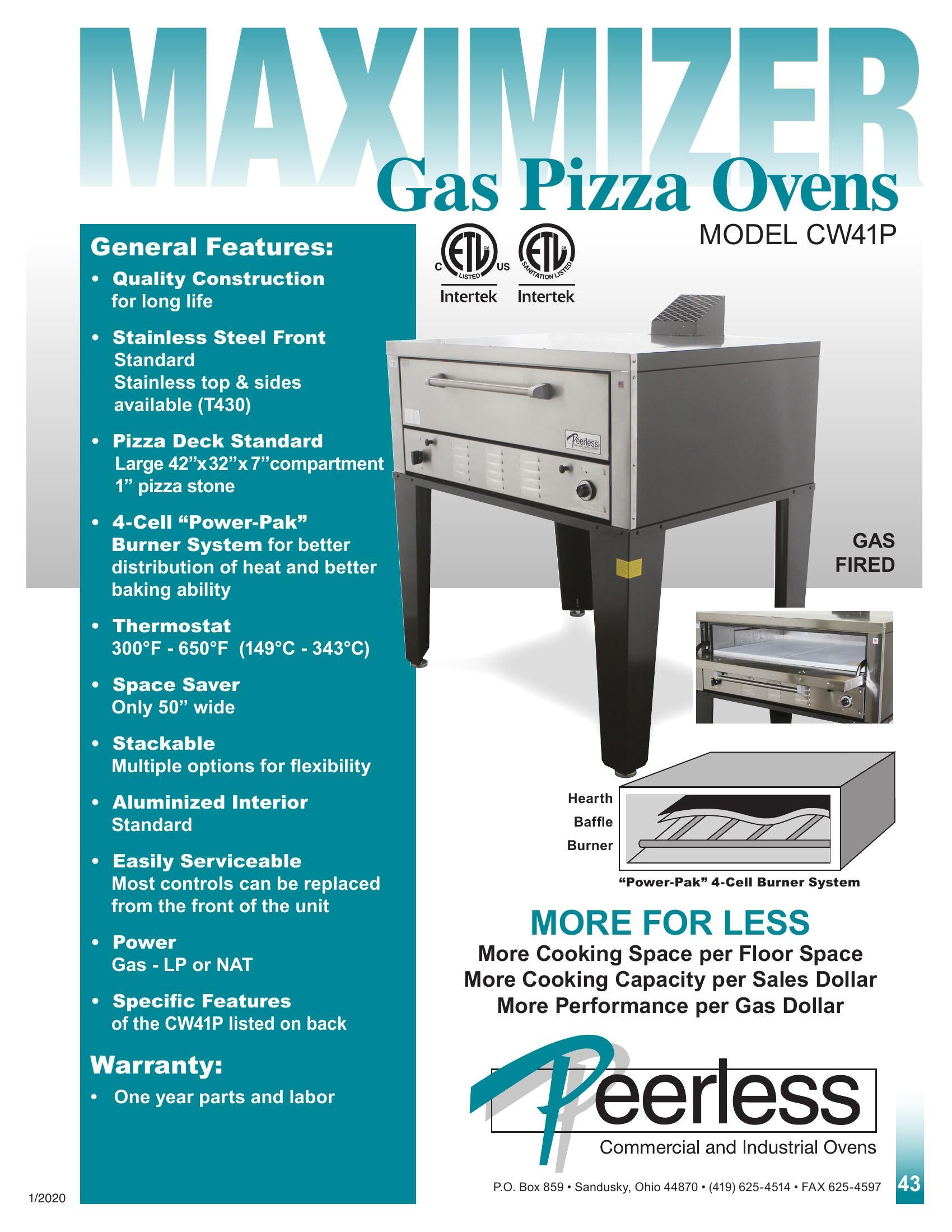 Peerless CW41P_LP 42 Inch Pizza Oven Gas Throttling Thermostat 60000 BTU